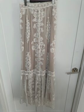 Altar'd State Beige Maxi Skirt with White Floral Lace Overlay